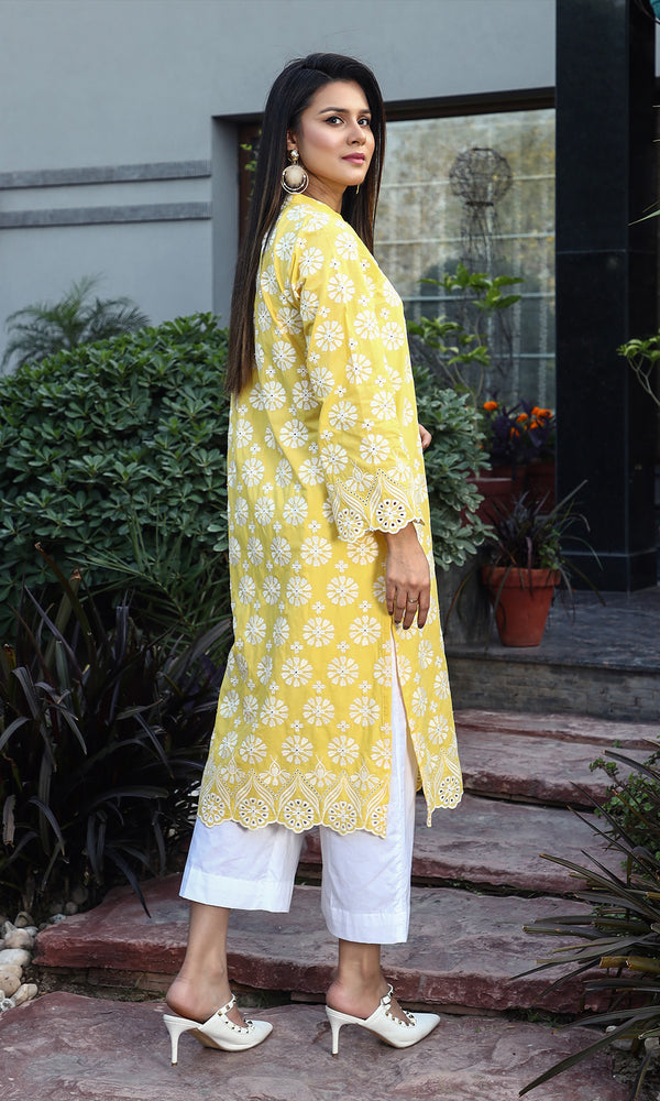 Yellow Embroidered Shirt with Plain Trouser - 2 PCS